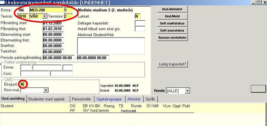 Dersom et emnerom ikke skal opprettes i Fronter for VÅR 2010 må følgende gjøres i FS: 1. Velg modulen undervisning i FS, Velg bildet Undervisningsenhet samlebilde i Bildemenyen. 2. Søk fram ditt/dine emner.