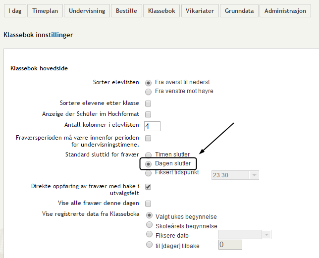 Administratorinnstillinger For barneskoler, der elevene har mest heldagsfravær, anbefales det å sette en innstilling slik at forslaget på fraværstid blir starttid = starten av timen og sluttid =