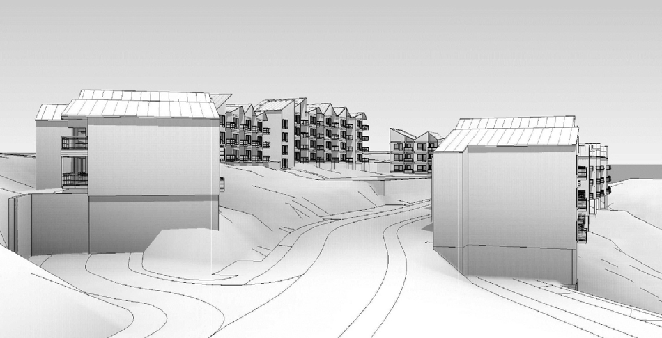 13 Blokkbebyggelsen sett fra vest inn mot det indre området, langs Støverveien. B6.1 til høyre og B5 til venstre. Blokkbebyggelsen er modulert med varierende tak.