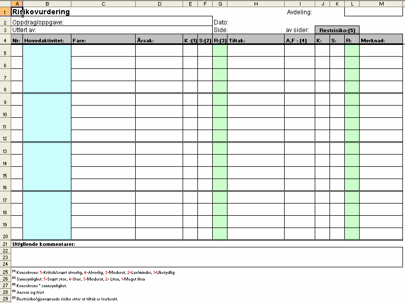 Eksempel på skjema (Bl1021B) til bruk for risikovurdering finnes blant annet på Forsvarets intranett i Regelverksportalen.