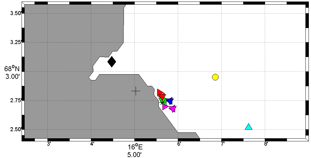 Figur 2. Oversikt over posisjonene til målingene tatt for de ulike dagene. Rød nordlig posisjon, blå østlig posisjon, magenta sørlig posisjon, grønn ved utslippet.