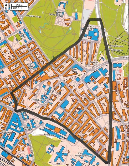 Kart som viser Tøyen Nedre Kampen Områdeprogram (2000) sin avgrensning 3.2 Utfordringer ved dagens avgrensning Spørsmålet er hvor man geografisk skal avgrense bydelens områdeløft i dag.