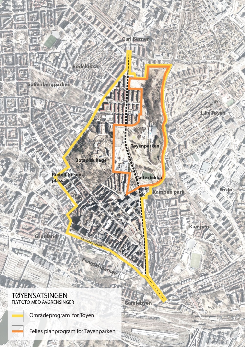 Kartet over viser Plan- og bygningsetatens forslag til avgrensning for Tøyensatsingen. Gul strek viser planlagt avgrensning av Områdeprogram for Tøyen.