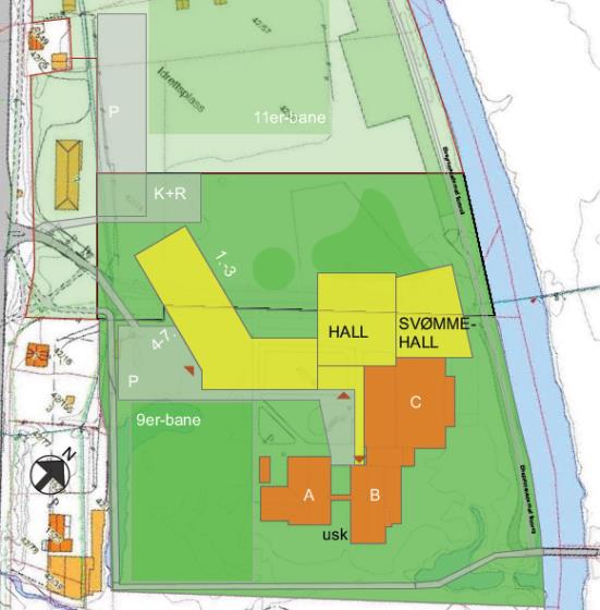 Svømmehall med basseng 25x12,5m har et antatt fotavtrykk på 1800m2. Idrettshall basert på håndballbane med tribuneanlegg har et antatt fotavtrykk på 1900m 2.