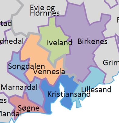 Dagens grenser (2020 - alle unntatt Kristiansand) Tjenester Fordeler med nærhet. Små og sårbare fagmiljøer. Vanskelig å tilby fremtidsrettede tjenester på alle områder.