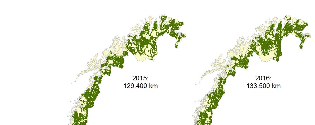 Figur 2. Geografisk fordeling av innsatsen ved yngleregistrering av jerv i Norge i 2015 og 2016.