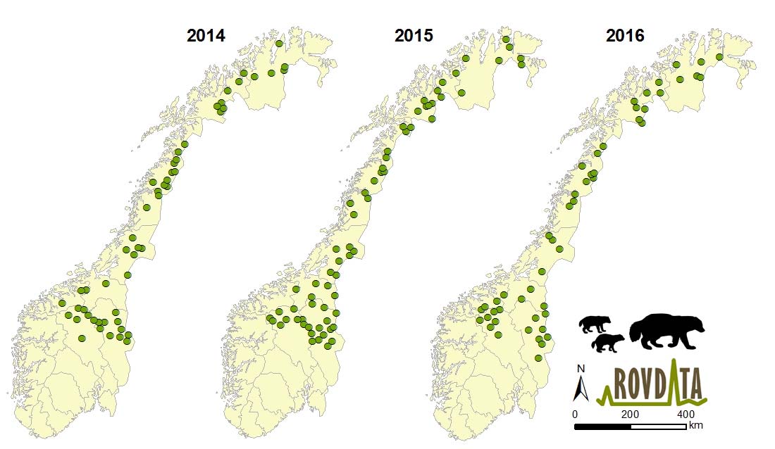 80 Ynglinger av jerv i Norge 2012 2016 70 Antall registrerte ynglinger av jerv 60 50 40 30 20 17 51 4 12 40 40 17 48 7 43 10 0 2012 2013 2014 2015 2016 Årstall Figur 3.