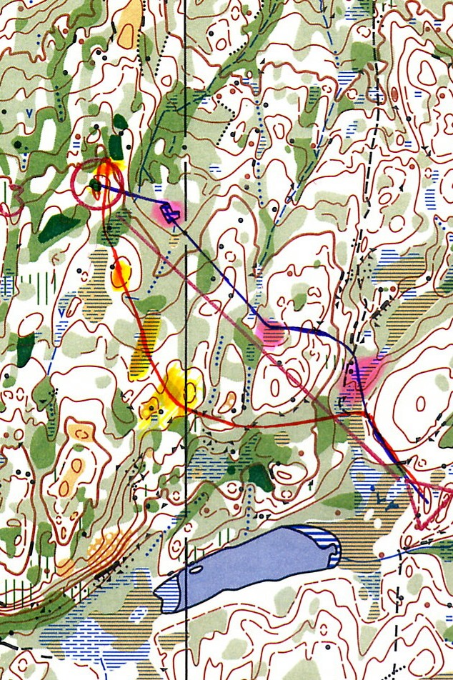 Figur 10: Planlagt veivalg blå strek, planlagte holdepunkter farget rosa, gjennomført veivalg rød strek, nye holdepunkter farget gult for L 1.