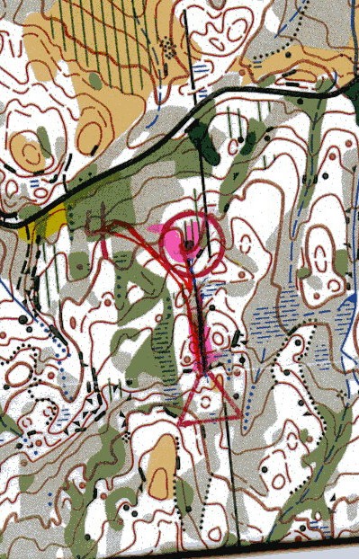 Figur 13: Planlagt veivalg blå strek, planlagte holdepunkter farget rosa, gjennomført veivalg rød strek, nye holdepunkter farget gult for L 1.