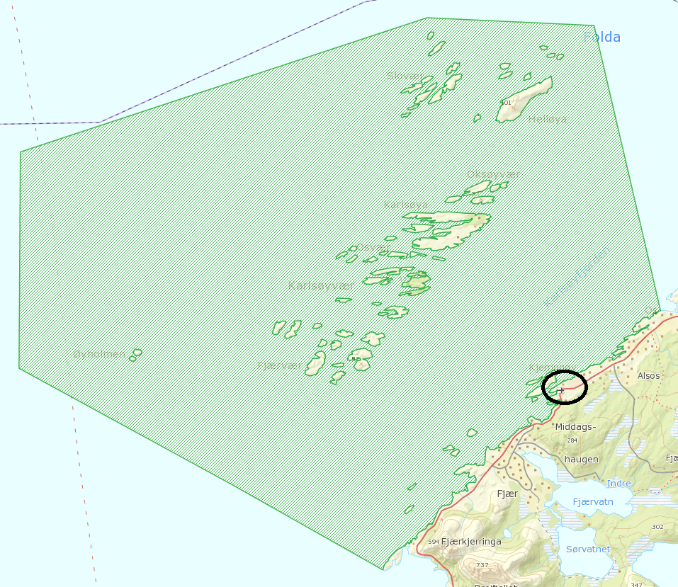 Foreslått verneområde i grønt, og planområdet er vist med svart sirkel. Info er hentet fra Naturbasen. 2.