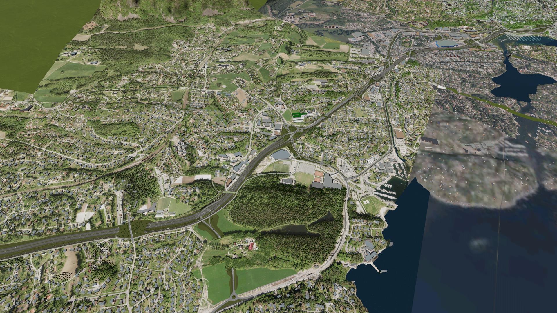 Kommunedelplan E18 Slependen-Drengsrud Temarapport lokal og regional utvikling Figur 6-3: Alternativ 2. A vist i 3D modell.