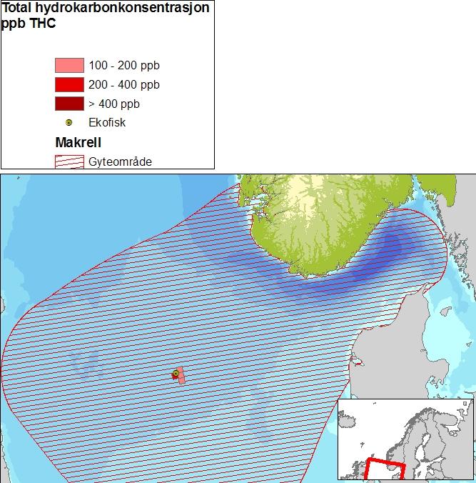 Tabell 7-2 Overlappsanalyse for total hydrokarbonkonsentrasjon over 100 ppb per 10 10 km grid rute i vannsøylen og gyteområdene for utvalgte arter.