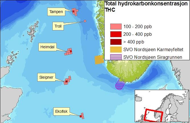 8.3 Overlapp med SVO Karmøyfeltet og Siragrunnen Både Karmøyfeltet og Siragrunnen er gyteområder for vårgytende sild, det er derfor gjort en overlappsanalyse med influensområdene i vannsøylen ( 5 %