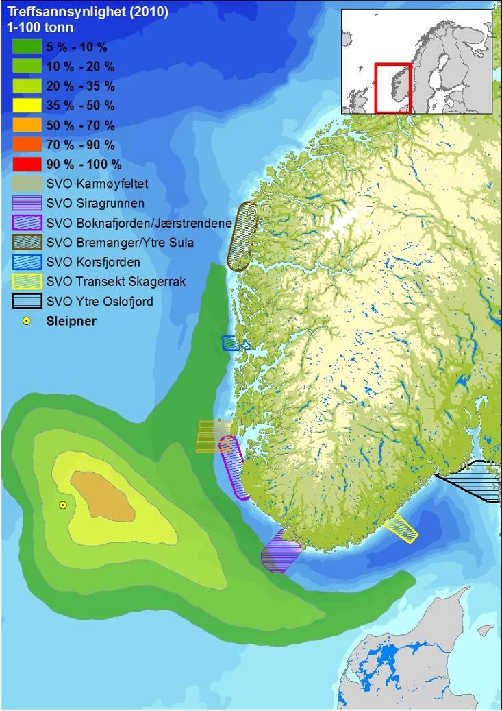 Figur 8-5 Overlappsanalyse av treffsannsynlighet av olje på havoverflaten (1-100 tonn olje per 10 10 km grid rute) etter overflateutblåsning fra Sleipner og SVO for sjøfugl, marine pattedyr og