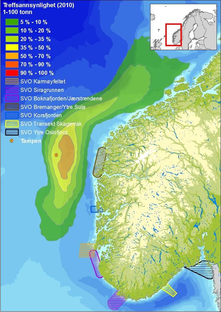 Figur 8-8 Overlappsanalyse av treffsannsynlighet av olje på havoverflaten (1-100 tonn olje per 10 10 km grid rute) etter overflateutblåsning fra Tampen og SVO for sjøfugl, marine pattedyr og
