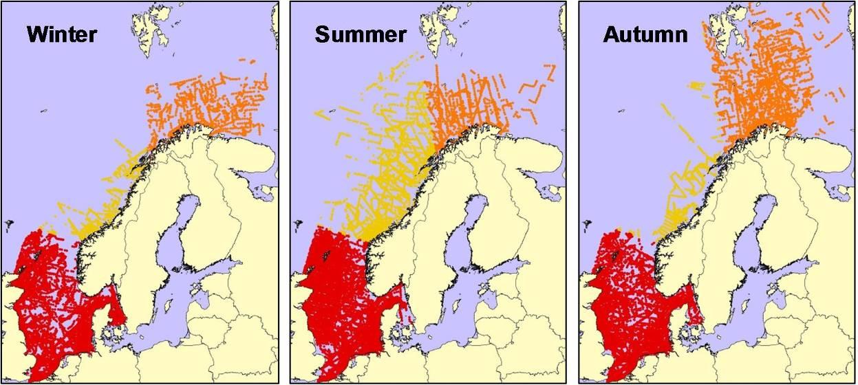 brukt til å estimere utbredelse og tetthet gjennom en GAM-modell (Generell Additiv Modell). Dataene (estimert antall per 10km 2 ) ble regnet om til andeler av totalestimatet for Nordsjøen.