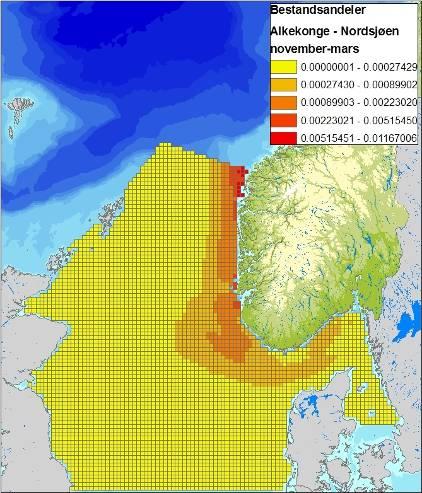Figur 4-7 Fordeling av alke (Alca torda) i Nordsjøen, i sommer (april-juli), høst (augustnovember) og vintersesongen (november-mars), basert på modellerte data (SEAPOP/Per Fauchald, 2011).