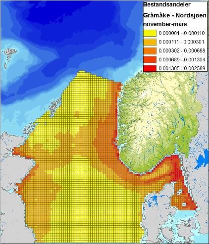 Figur 4-9 Fordeling av fiskemåke (Larus canus) i Nordsjøen, i sommer (april-juli), høst (augustnovember) og vintersesongen (november-mars), basert på modellerte data (SEAPOP/Per Fauchald, 2011).