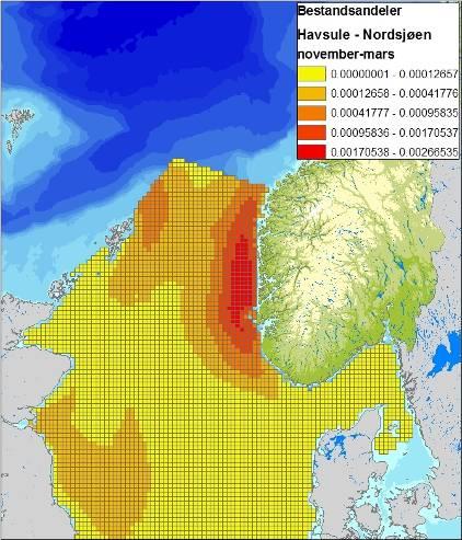 Figur 4-11 Fordeling av havhest (Fulmarus glacialis) i Nordsjøen, i sommer (april-juli), høst (august-november) og vintersesongen (november-mars), basert på modellerte data (SEAPOP/Per Fauchald,