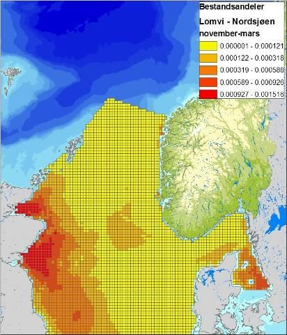 Figur 4-13 Fordeling av krykkje (Rissa tridactyla) i Nordsjøen, i sommer (april-juli), høst (august-november) og vintersesongen (november-mars), basert på modellerte data (SEAPOP/Per Fauchald, 2011).