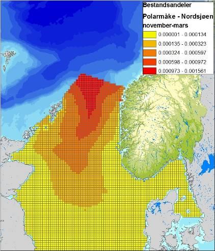 Figur 4-15 Fordeling av lunde (Fratercula arctica) i Nordsjøen, i sommer (april-juli), høst (august-november) og vintersesongen (november-mars), basert på modellerte data (SEAPOP/Per Fauchald, 2011).