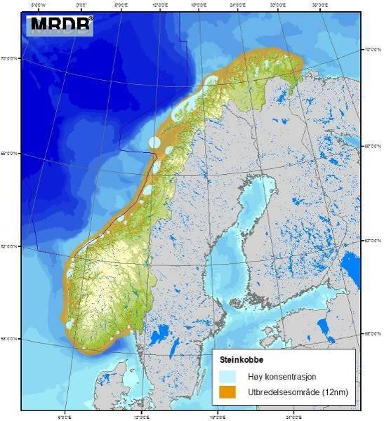 Figur 4-18 Utbredelse av Havert (venstre) og Steinkobbe (høyre) i nordiske farvann (MRDB; HI&DN 2010). Steinkobbe forekommer i større og mindre kolonier langs hele norskekysten (Figur 4-18).