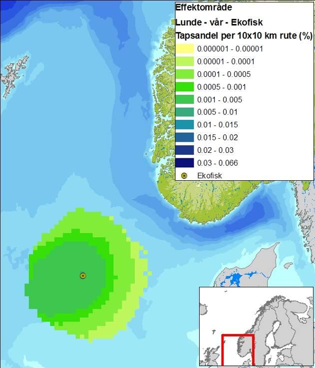 Figur 6-2 Effektområder for sjøfuglartene i åpent hav som blir verst rammet i hver sesong gitt en overflateutblåsning fra Ekofisk.