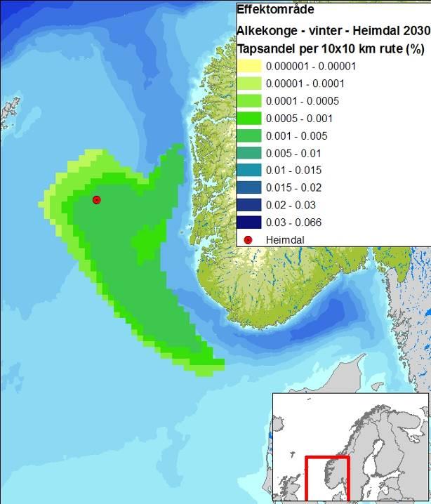 Figur 6-7 Effektområder for sjøfuglartene i åpent hav som blir verst rammet i hver sesong gitt en overflateutblåsning fra Heimdal