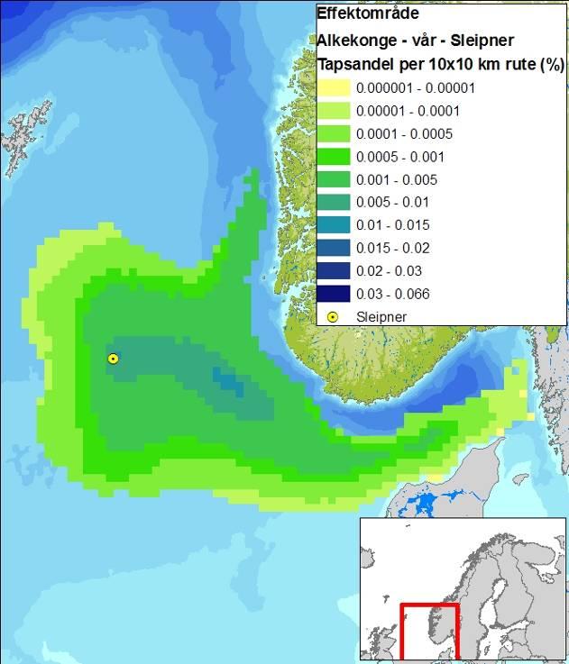 Figur 6-10 Effektområder for sjøfuglartene i åpent hav som blir verst rammet i hver sesong gitt en overflateutblåsning fra