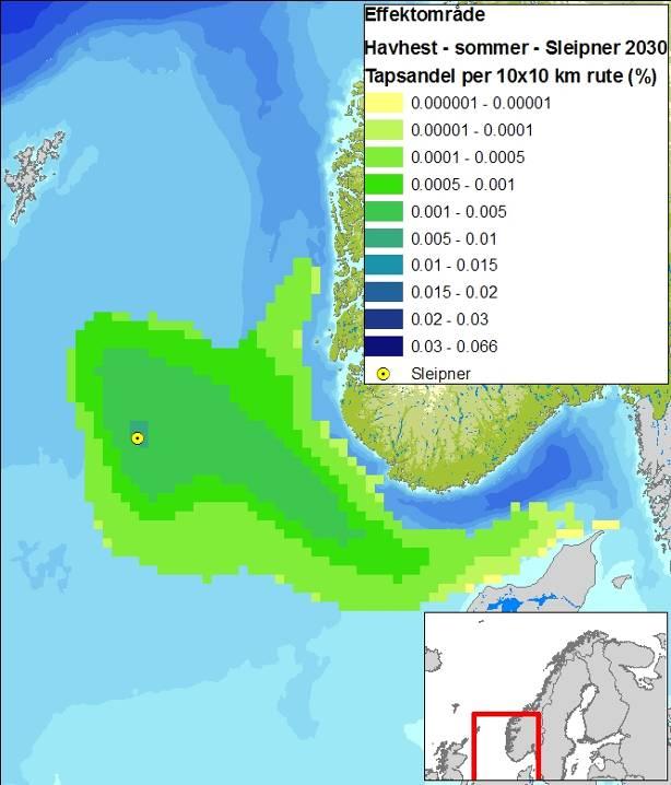 Figur 6-13 Effektområder for sjøfuglartene i åpent hav som blir verst rammet i hver sesong gitt en overflateutblåsning fra