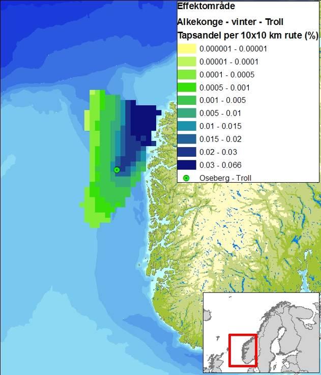Figur 6-22 Effektområder for sjøfuglartene i åpent hav som blir verst rammet i hver sesong gitt en overflateutblåsning fra