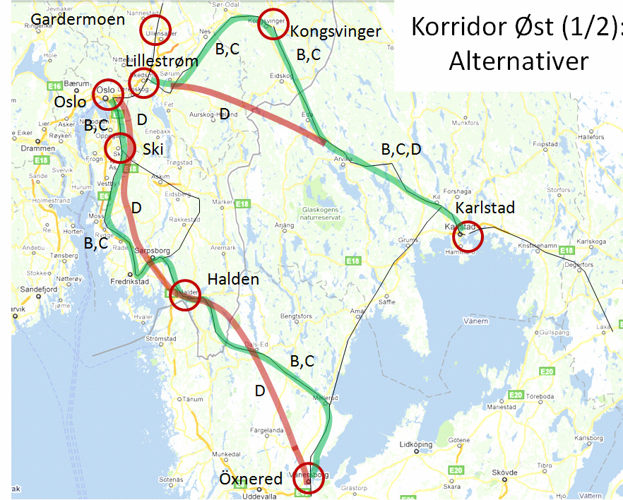4.2.1 Korridor Øst (1/2); Oslo Göteborg/ Oslo - Stockholm. Korridor øst består av linjene fra Oslo i retning av Stockholm og Göteborg.