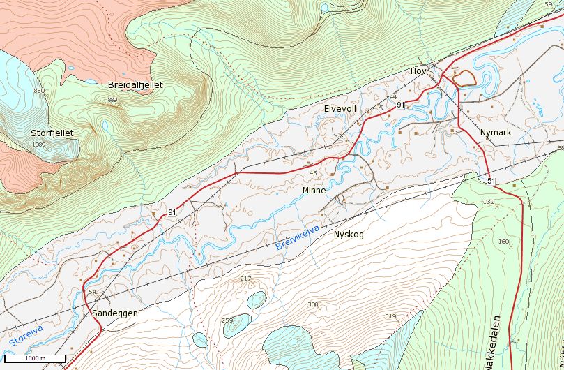 4 RESULTATER OG VERDIVURDERINGER 4.1 Naturgrunnlaget 4.1.1 Berggrunn Figur 3. Berggrunnskart over influensområdet fra datasettet i 1:100 000 til NGU. Den grå sonen i dalbunnen er sedimenter.