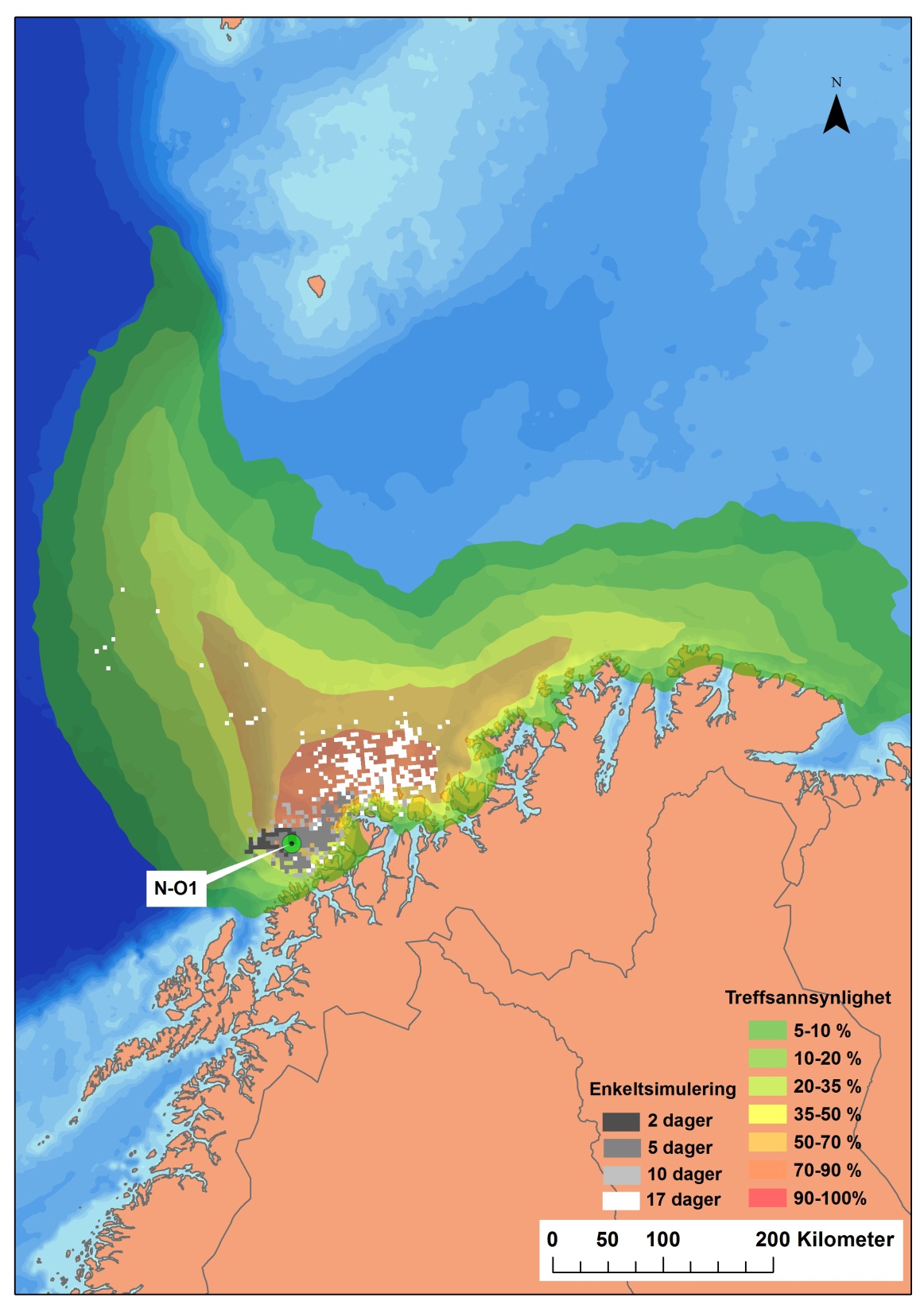 Figur 4-1 Modellert spredning av ett enkelt overflateutslipp (én enkeltsimulering) fra N-O1 med startdato 26.