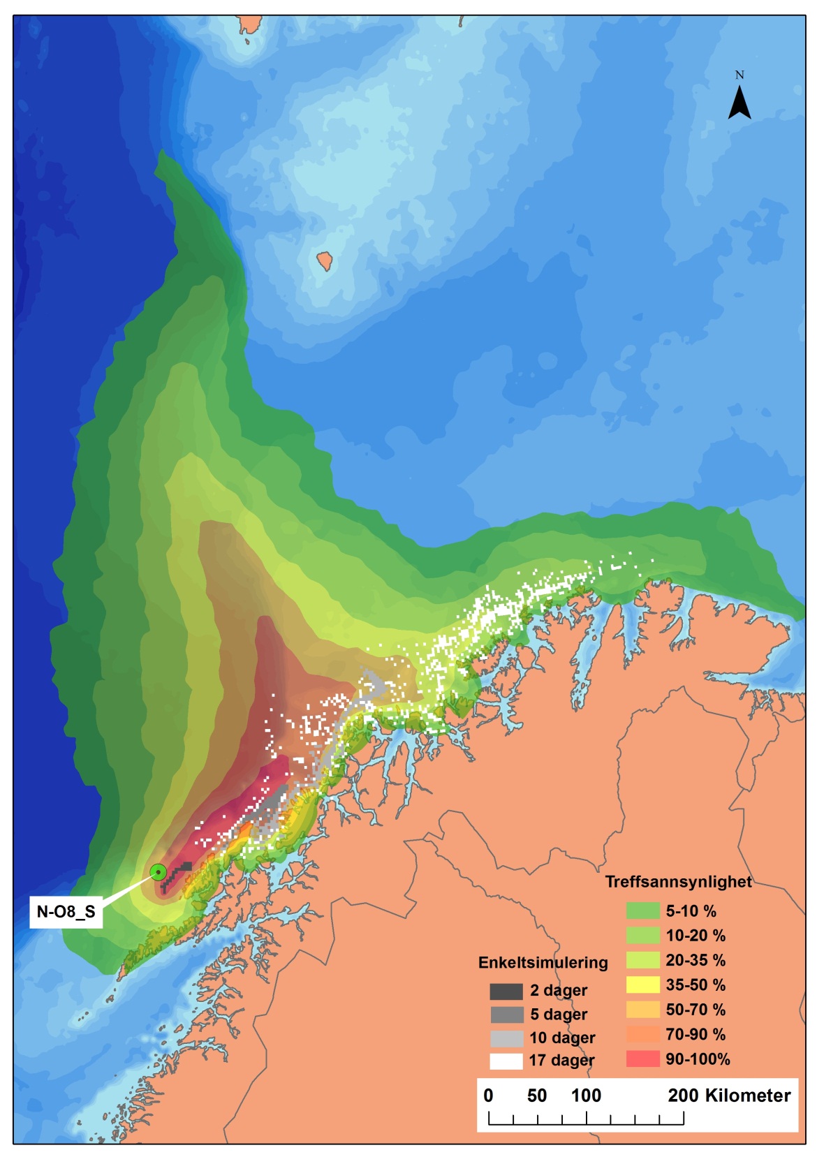 Figur 4-3 Modellert spredning av ett enkelt overflateutslipp (én enkeltsimulering) fra N-O8 med startdato 22.