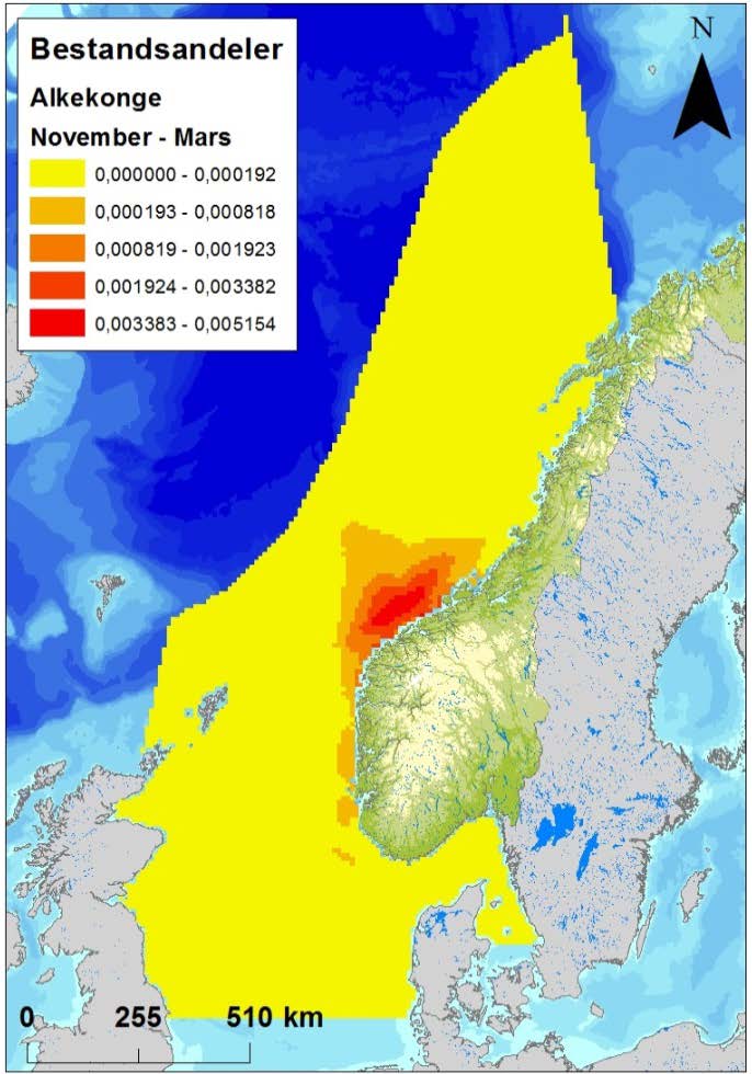 Figur 5 Datasett for sjøfugl kystnært tilknyttet Nordsjøen (Seapop, 2015) og sjøfugl åpent hav tilknyttet Nordsjøen/Norskehavet (Seapop, 2013).