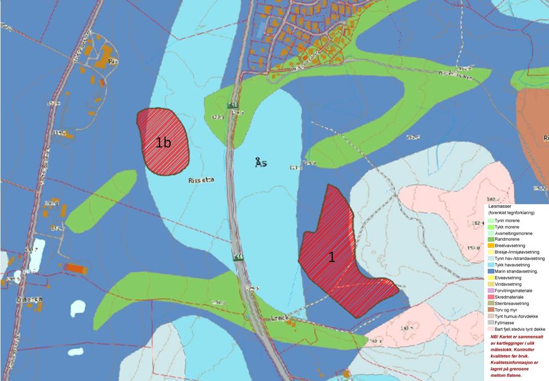 mulig område med sprøbruddmateriale. Det er da konservativt valgt å følge avgrensningen av marine avsetninger. Figur 2 NGUs kvartærgeologiske kart med aktuelle deponiområder i rødt [ngu.