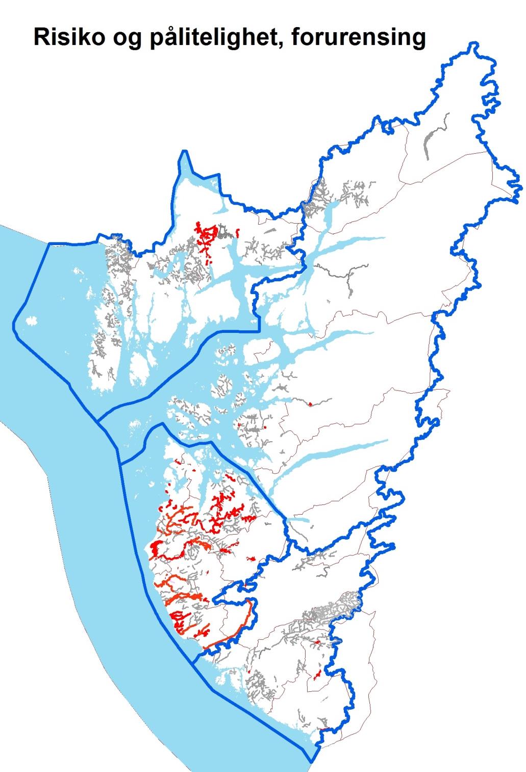 Geografisk område med behov for tiltak: Figur 6: Kaet viser hvilke områder som er registre med høy eller middels pålitelighetsgrad for forurensingspåvirkninger (rødt) hovedsakelig landbruk, og hvilke