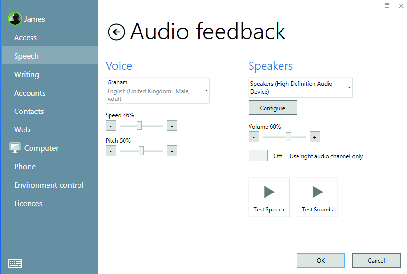 Auditiv tilbakemelding og høretelefoner Du kan bruke høretelefoner med GridPad for auditiv tilbakemelding. Dette er spesielt nyttig for bryter-brukere som vil vite hva et felt sier før man velger det.