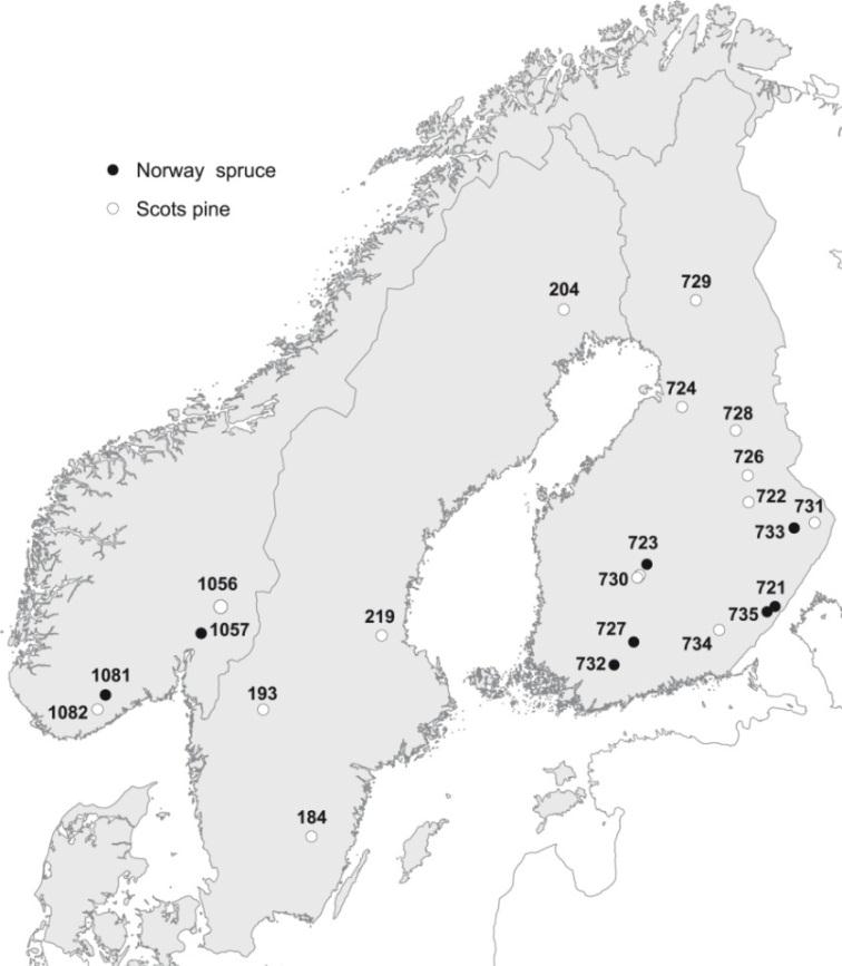 2. Nordisk serie, heltretynning > 22 feltforsøk etablert 1977-1986, 4 felt i Norge > Fem behandlinger med forskjellige kombinasjoner av heltretynning (HT) og vanlig stammetynning (ST) gjødsling > En