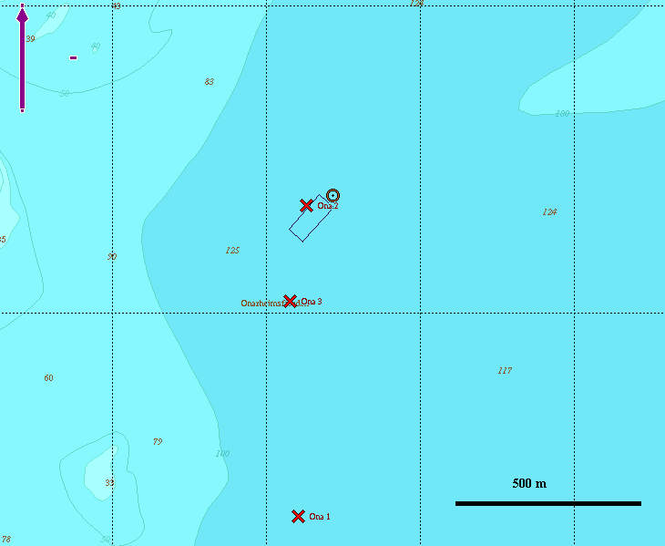Tysnes Vatterøy Onarheim Langenuen Huglo Figur 2.3. Kart som viser området i Onarheimsfjorden. Kartkilde: Olex. 05 o 40.0 Ø 100 m Onarheimsfjorden Ona 2 59 o 57.0 N Ona 3 100 m Ona 1 Figur 2.4. Detaljskisse over lokaliteten med stasjonene inntegnet.