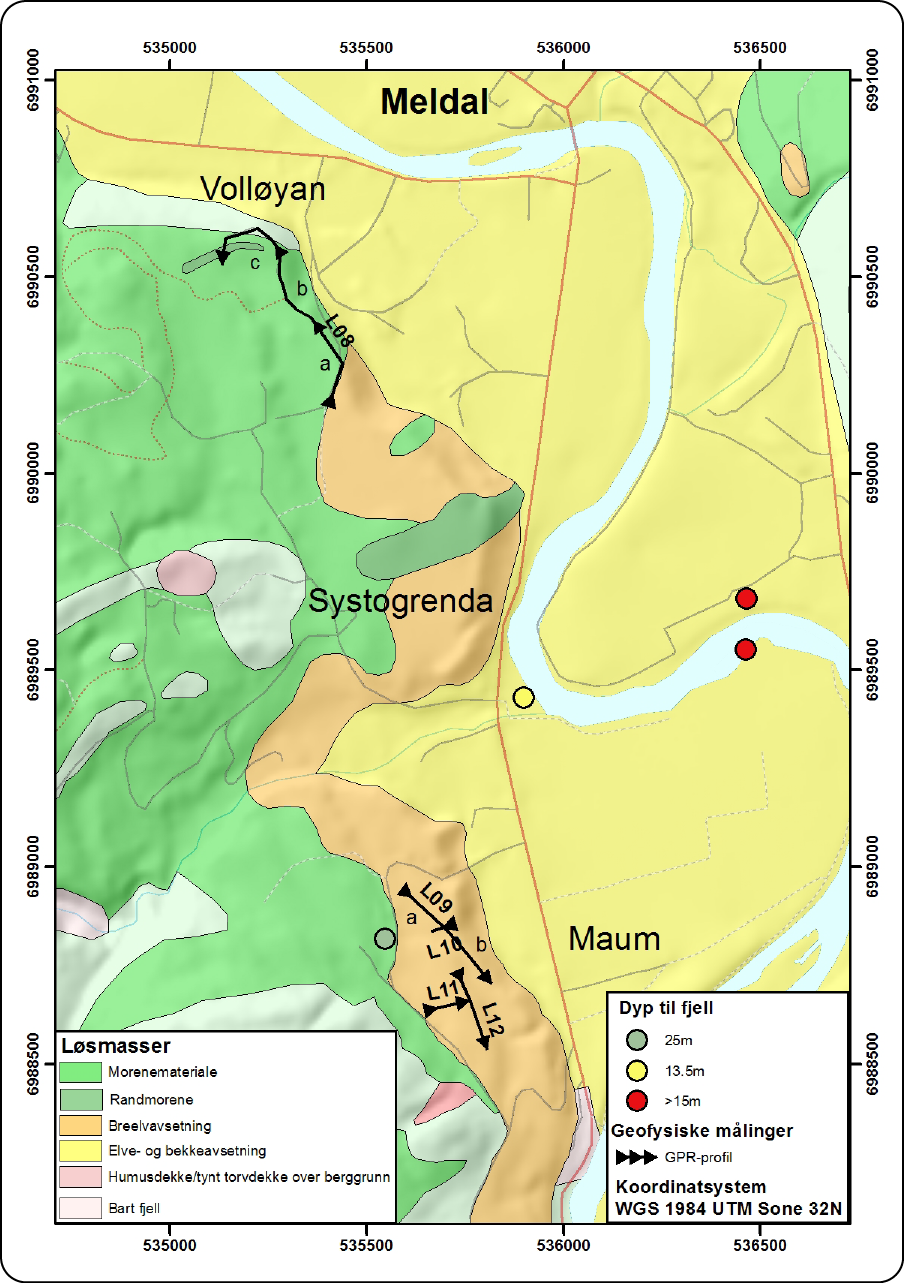 Figur 3.2: Oversikt over alle GPR-profiler målt ved Meldal med dyp til fjell fra borehullsdata hentet fra Nasjonal Grunnvannsdatabase (GRANADA).