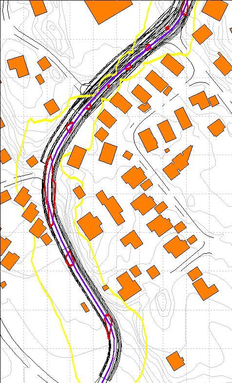 Ca. 2m skjerm 2 10 8 6 4 Haresvingen 2,4,6,8 og 10 3 5 7 L DEN =55 db Rød sone = L DEN =65 db Fig. 5. Som Fig. 3, Sydlige del, men boligfeltet utbygd med 400 boenheter.