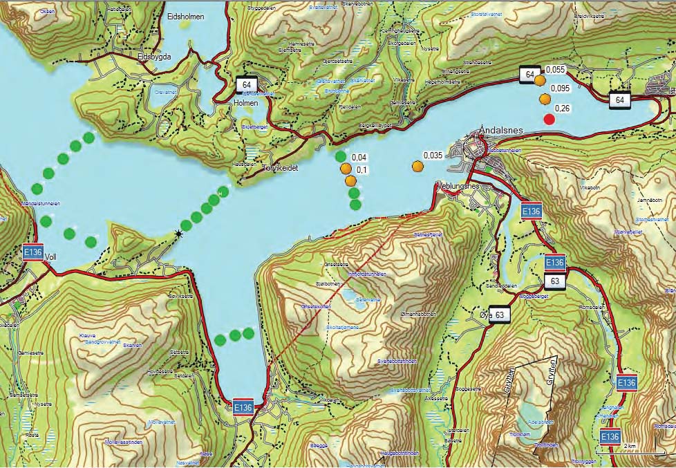 9.2 Rotenonkonsentrasjoner i Romsdalsfjorden. Det ble tatt vannprøver og analysert for rotenoninnhold i Romsdalsfjorden både i 2013 og i 2014.
