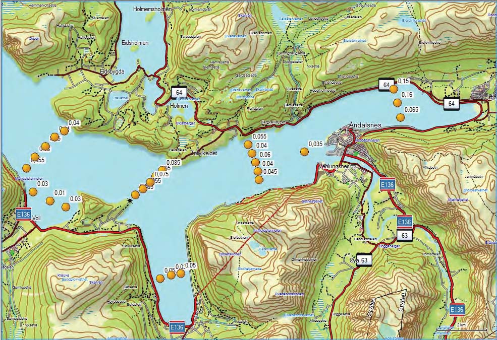 Figur 9.24. Rotenonkonsentrasjoner i overflaten på de ulike prøvepunkter i Romsdalsfjorden 17.08.14.