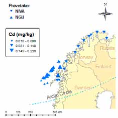 64 RAPPORT FRA OVERVÅKINGSGRUPPEN 2010 A B C D E F Figur 4.11.3.4 NGU- og NIVA-undersøkelser av tungmetaller i overflatesediment i kystnære strøk i området Lofoten og Barentshavet.