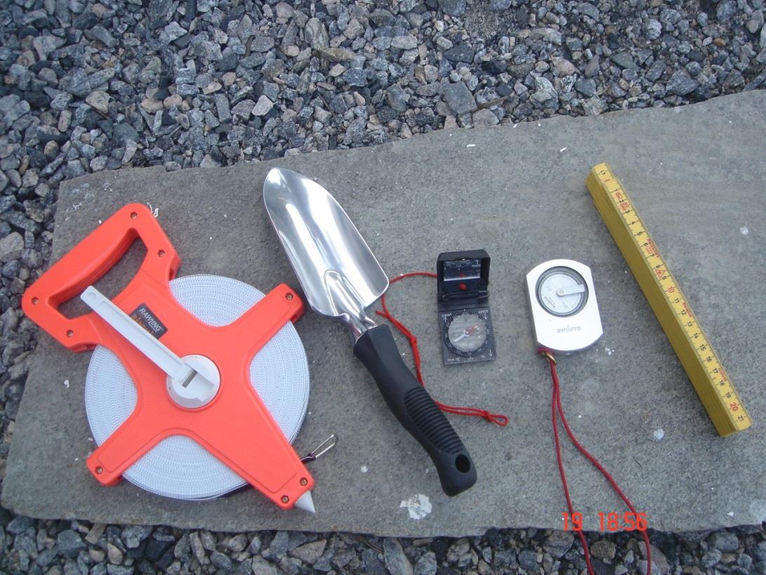Utstyr for grunnundersøkelse Inspeksjonsbor Skovelbor Spade Liten spade Tommestokk Kompass Stigningsmåler