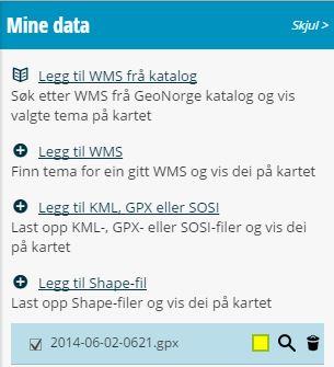 Mine data KML,GPX,SOSI import Vel ei fil frå datamaskina (til dømes ei gpx-fil du har lasta ned frå ut.no eller frå ein GPS).