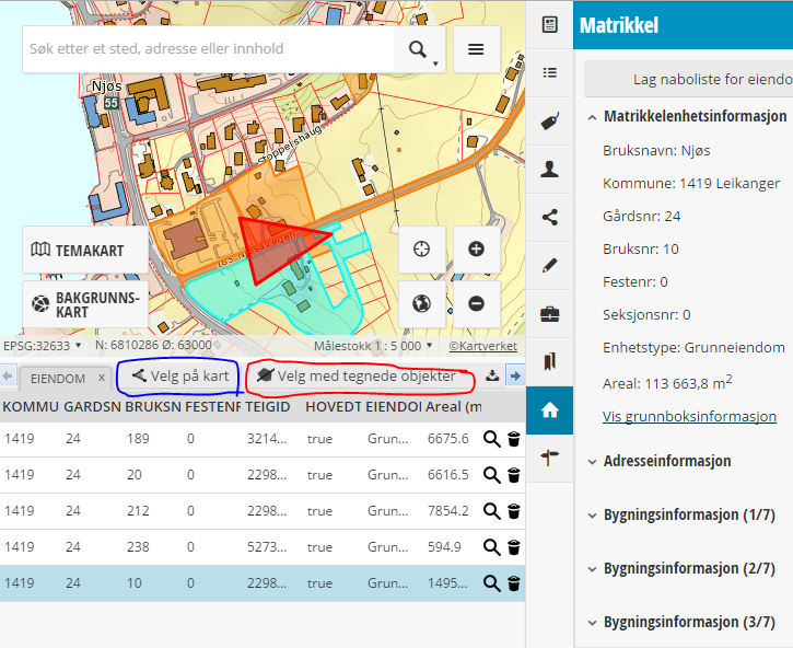 Raud trekant i kartet = teikna objekt Raud markering Velg med tegnede objekt -> gir utval frå matrikkel med eige teikna objekt eller