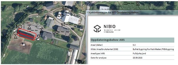 Søk opp Gnr/Bnr 45/3 Zoom inn teigen som ligger rett nord for riksvegen. Her påviser wms en et areal som i AR5 er fulldyrka, men som i ortofotoet er nedbygd. AR5 må derfor oppdateres.